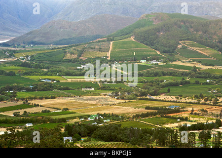 Vue sur les vignobles de la Vallée de Franschhoek, Province de Western Cape, Afrique du Sud. Banque D'Images