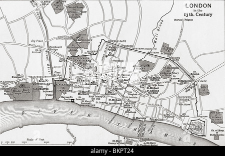 Plan de Londres, en Angleterre au 13e siècle. Banque D'Images