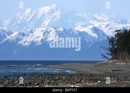 Vue sur montagnes Saint-elias à partir de la plage du Cap de l'océan près de Yakutat, Alaska Banque D'Images