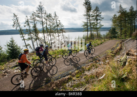 Circuit à vélo en famille le long de la manière, au bord du lac Kielder Water & Forest Park, Northumberland, Angleterre. Banque D'Images