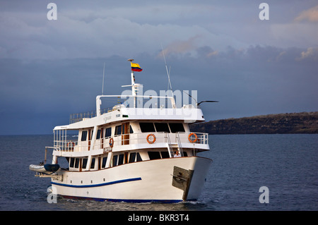 Îles Galápagos, les Galapagos yacht à moteur Voyager arrive au large de Gênes. Banque D'Images