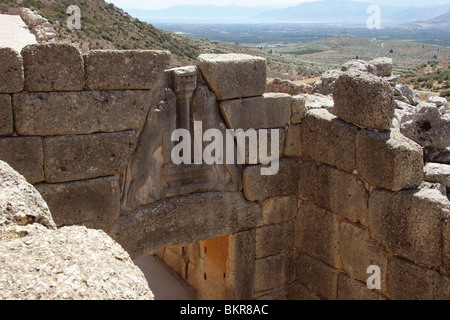 L'art mycénien Le Lion Gate de Mycenes forteresse. Argos. Péloponnèse. La Grèce. L'Europe. Banque D'Images