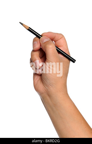 Man's hand holding crayon noir isolé sur fond blanc Banque D'Images