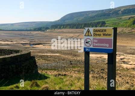 De l'eau 'Deep' et 'Pas de piscine' par un réservoir vide. Torside dans réservoir Longdendale, Peak District, Derbyshire, Royaume-Uni. Banque D'Images