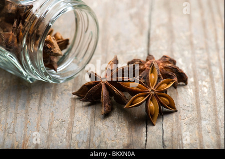 L'anis étoilé (Illicium verum) s'échappant du pot sur une table de cuisine en bois Banque D'Images