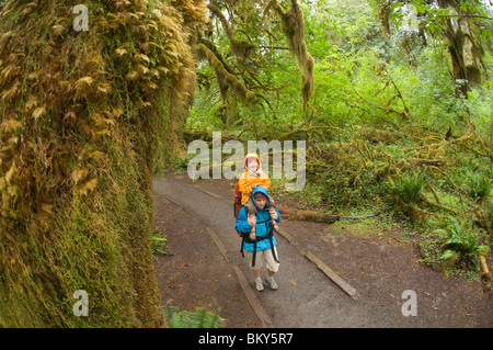 Une fille à cheval sur les épaules de sa mère tout en randonnée dans une forêt tropicale, Olympic National Forest, Hoh, Washington. Banque D'Images