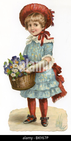 Jeune fille en robe bleue et rouge Bonnet portant un panier de fleurs Banque D'Images