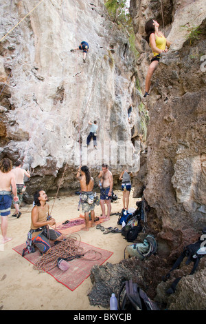 À l'escalade falaise de craie, Laem Phra Nang Railay, Krabi, Thaïlande Banque D'Images