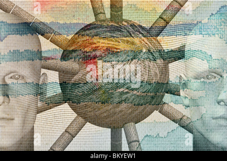 Personnages masculins, forme abstraite et de gouttes de peinture. Illustration 3d créés numériquement. Banque D'Images