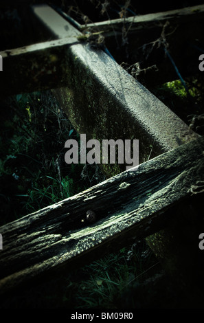 Une vieille remorque agricoles laissés à pourrir dans un champ d'herbe et de la mousse et la rouille Banque D'Images