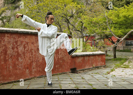 Moine taoïste dans le Tai Chi, Tai Shan, province de Shandong, Taishan, Mont Tai, patrimoine mondial, l'UNESCO, la Chine, l'Asie Banque D'Images