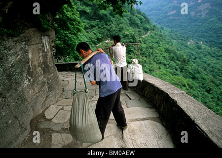 Porter sur le chemin du pic de Wudang Wudang, Shan, la montagne taoïste, province de Hubei, Wudangshan, le Mont Wudang, UNESCO Banque D'Images