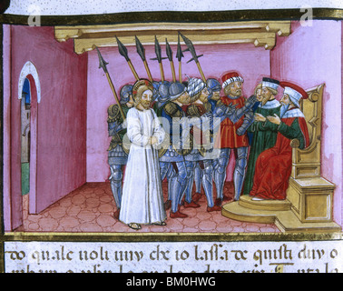 Jésus devant Pilate qui essaie de convaincre les juifs pour définir le libérer. Le Codex de Predis (1476). Bibliothèque royale. Turin. L'Italie. Banque D'Images