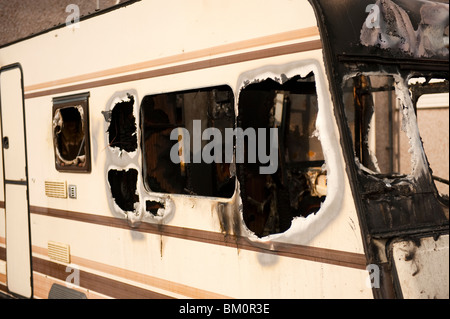 Caravane Dethleffs brûlé à la suite d'incendie fire Banque D'Images