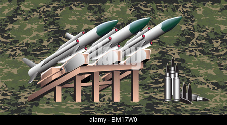 Des missiles et des balles sur un fond camouflé Banque D'Images