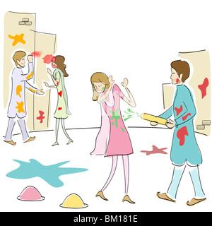 Deux couples célébrant Holi Banque D'Images