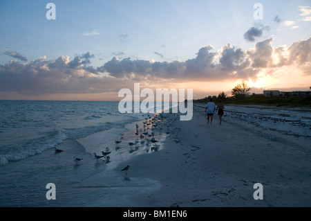 Coucher du soleil sur la plage, l'île de Sanibel, la Côte du Golfe, Floride, États-Unis d'Amérique, Amérique du Nord Banque D'Images