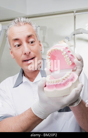 Dentiste détenant un ensemble de dentiers Banque D'Images