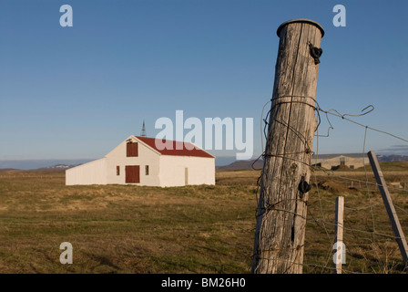 Clôture et une seule ferme du centre de l'Islande, Islande, régions polaires Banque D'Images