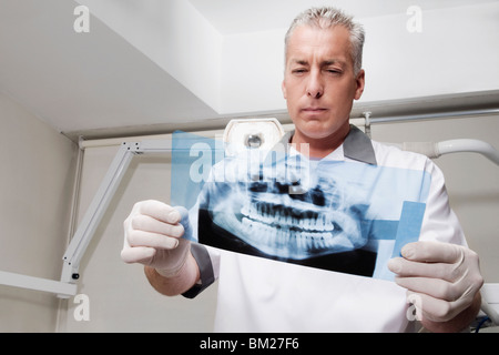 Dentiste l'examen d'une X-Ray report Banque D'Images