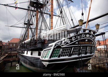 Vue arrière de la frégate britannique HMS Trincomalee, de 1817, à Hartlepool Maritime Experience, d'Hartlepool, Cleveland, UK Banque D'Images