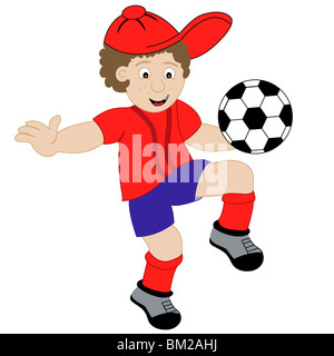 Jeune enfant personnage jouant avec son football, portant son kit de football. Isolé sur fond blanc Banque D'Images