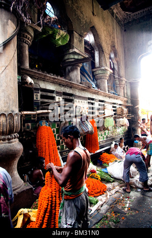 Une marchande de fleurs dans les marchés par le Hoogley e River à Kolkata, Bengale occidental, Inde inspecte ses soucis. Banque D'Images