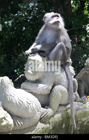 Les macaques à longue queue de singe Hindu statue en pierre dans la forêt des singes sacrés Ubud, Bali, Indonésie. Banque D'Images