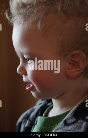 PROFIL DU TOUT-PETIT CHEVEUX BOUCLÉS BLONDS : un bébé garçon de deux ans profil enfant bas bouclés boucles blondes cheveux mignon sourire sourires sourire heureux modèle libéré Banque D'Images