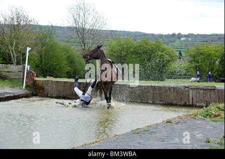 Rider tomber un cheval dans l'eau Banque D'Images