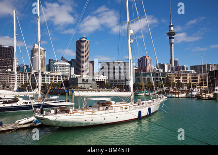 Yachts dans Viaduct Basin with city skyline en arrière-plan. Auckland, île du Nord, Nouvelle-Zélande Banque D'Images