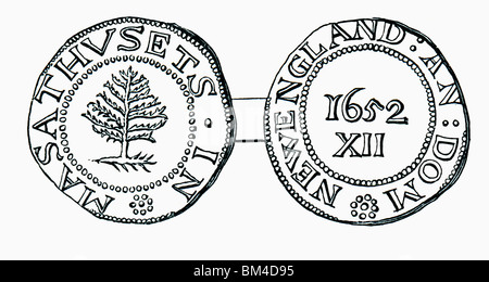 La pinède shilling, monnaie dans la province de la baie du Massachusetts en 1652. Banque D'Images