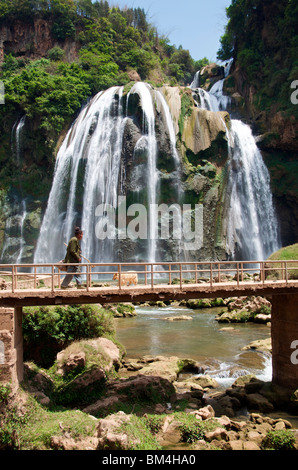 L'homme et le chien passerelle passage Dadieshui Falls Yunnan Chine Banque D'Images