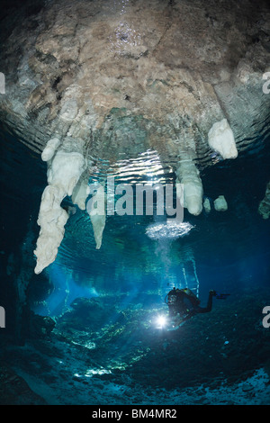 Scuba Diver dans Gran Cenote, Tulum, péninsule du Yucatan, Mexique Banque D'Images