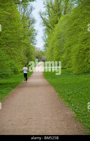 Jogger sur un chemin à travers l'Ouest Herts Golf Course, Watford, Hertfordshire, Royaume-Uni Banque D'Images