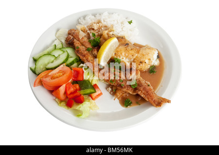 Un plat de poisson frit et riz avec la quantité recommandée de nourriture pour une personne de taille moyenne. Banque D'Images