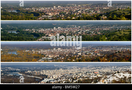 Antenne et une vue panoramique de la ville thermale de Vichy selon les quatre saisons (France). 4 vues de Vichy selon les saisons. Banque D'Images