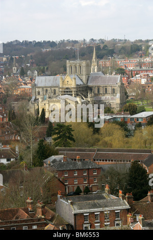 La perspective est de Winchester et de la cathédrale de St Giles Hill, Hampshire, Royaume-Uni Banque D'Images