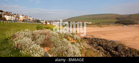 Royaume-uni, Angleterre, Devon, Woolacombe Sands Beach en fin d'après-midi, lumière, vue panoramique Banque D'Images