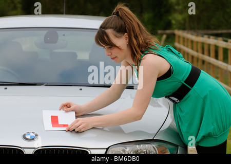 L'apprenti conducteur mettant sa plaque sur le capot de sa voiture Banque D'Images