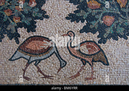 Marbre mosaïque représentant des canards branchus à l'Église orthodoxe St Jean le Baptiste dans le site de baptême Al-Maghtas également appelé Béthanie au fleuve du Jourdain en Jordanie Banque D'Images