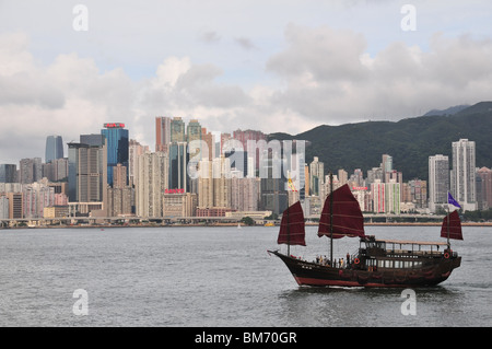 Aqua Luna'Junk, navigation au-delà de la promenade de Tsim Sha Tsui et de Causeway Bay, le port de Victoria, Kowloon, Hong Kong Banque D'Images