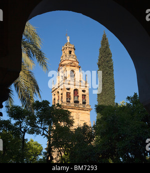 Cordoue, Espagne, province de Cordoue. Torre del Alminar de la Grande Mosquée vue de la Plaza de los Naranjos. Banque D'Images