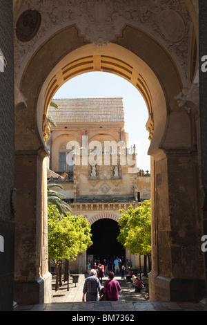 La Puerta del Perdon ouverture à travers l'Alminar tower et menant à la Patio de los Naranjos et La Grande Mosquée. Cordoba Banque D'Images