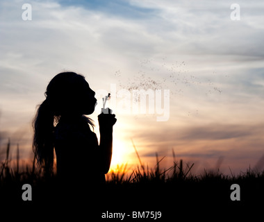 Silhouette d'une jeune girl blowing dandelion seed head au coucher du soleil. Banque D'Images