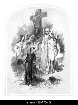Illustration noir et blanc à partir de John Bunyan's The Pilgrim's Progress ; Christian à la Croix Banque D'Images