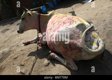 Peint une vache dans la sainte ville de pèlerinage de Varanasi ou Benares ou Bénarès, Uttar Pradesh, Inde. Banque D'Images