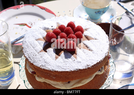 Éponge framboise gâteau sandwich et tea party vaisselle Banque D'Images