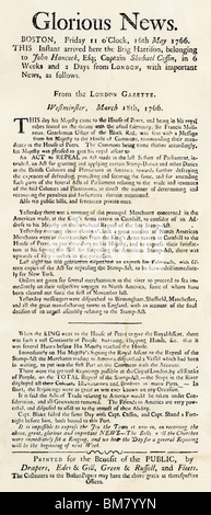 D'une circulaire annonçant l'abrogation de la Loi sur les timbres, 1766. Gravure sur bois avec un lavage à l'aquarelle Banque D'Images