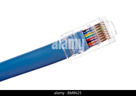 Câble réseau bleu sur fond blanc Banque D'Images